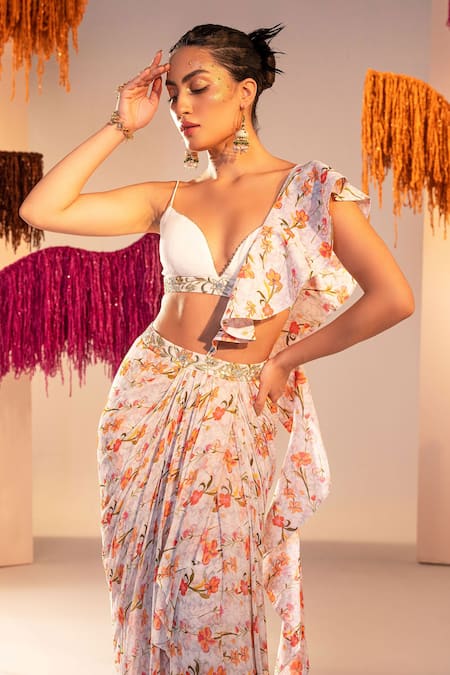 Shop Silky Bindra White Georgette, Silk, Satin Crystals, Sequins, Floral Print Draped Skirt Set Online at Aza Fashions Shop_Silky Bindra_White Georgette, Silk, Satin Crystals, Sequins, Floral Print Draped Skirt Set _Online_at_Aza_Fashions