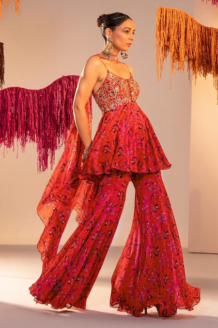 Buy_Silky Bindra_Orange Georgette, Chiffon, Satin Sequins, Floral Bloom Print Tunic And Gharara Set _Online_at_Aza_Fashions