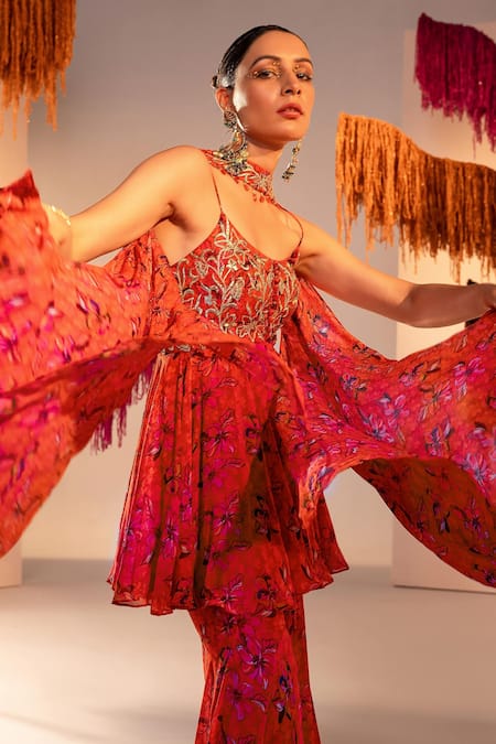 Shop_Silky Bindra_Orange Georgette, Chiffon, Satin Sequins, Floral Bloom Print Tunic And Gharara Set _Online_at_Aza_Fashions