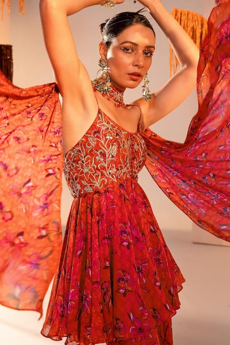Silky Bindra_Orange Georgette, Chiffon, Satin Sequins, Floral Bloom Print Tunic And Gharara Set _at_Aza_Fashions