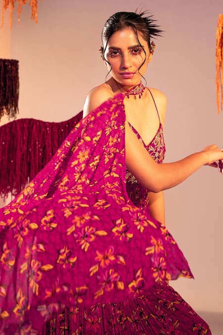 Buy Silky Bindra Purple Georgette, Satin Hibiscus Floral Print Anarkali With Choker Dupatta Online at Aza Fashions Buy_Silky Bindra_Purple Georgette, Satin Hibiscus Floral Print Anarkali With Choker Dupatta _Online_at_Aza_Fashions