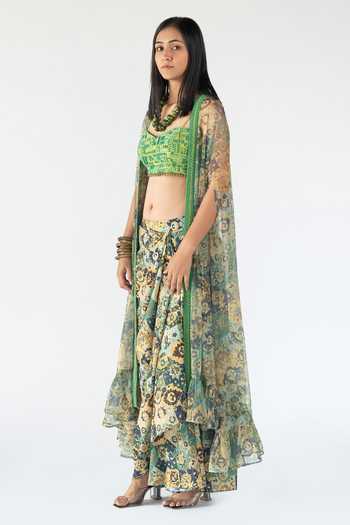 Nikita Vishakha_Green Silk, Raw Silk, Net Floral Bralette Sweetheart, Printed And Skirt Set _Online_at_Aza_Fashions