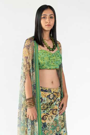 Buy_Nikita Vishakha_Green Silk, Raw Silk, Net Floral Bralette Sweetheart, Printed And Skirt Set _Online_at_Aza_Fashions