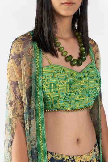 Shop_Nikita Vishakha_Green Silk, Raw Silk, Net Floral Bralette Sweetheart, Printed And Skirt Set _Online_at_Aza_Fashions