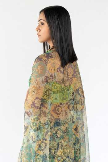 Nikita Vishakha_Green Silk, Raw Silk, Net Floral Bralette Sweetheart, Printed And Skirt Set _at_Aza_Fashions