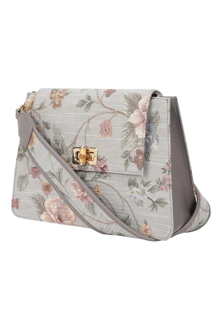 The Leather Garden_Grey Floral Pattern Heather Jacquard Shoulder Bag _Online_at_Aza_Fashions