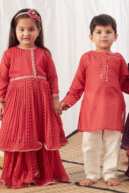 Shop Vivedkids Red Chiffon Gota Patti, Sequins, Stripe Pattern Peplum Top And Lehenga Set Online at Aza Fashions Shop_Vivedkids_Red Chiffon Gota Patti, Sequins, Stripe Pattern Peplum Top And Lehenga Set _Online_at_Aza_Fashions
