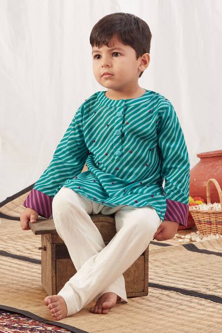 Shop_Vivedkids_Blue Cotton Embroidery Stripe Pattern Kurta Set _Online_at_Aza_Fashions