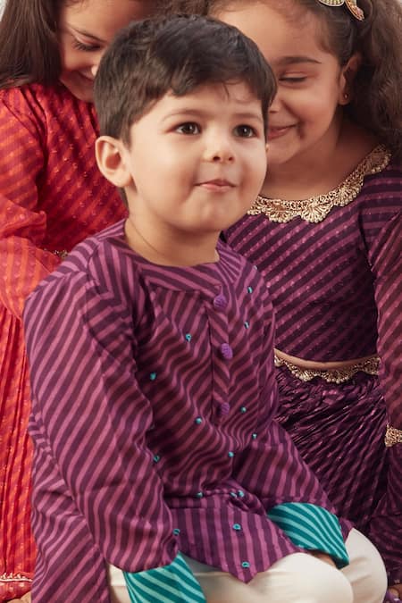 Vivedkids Purple Cotton Embroidery Stripe Pattern Kurta And Pant Set Online at Aza Fashions Vivedkids_Purple Cotton Embroidery Stripe Pattern Kurta And Pant Set _Online_at_Aza_Fashions