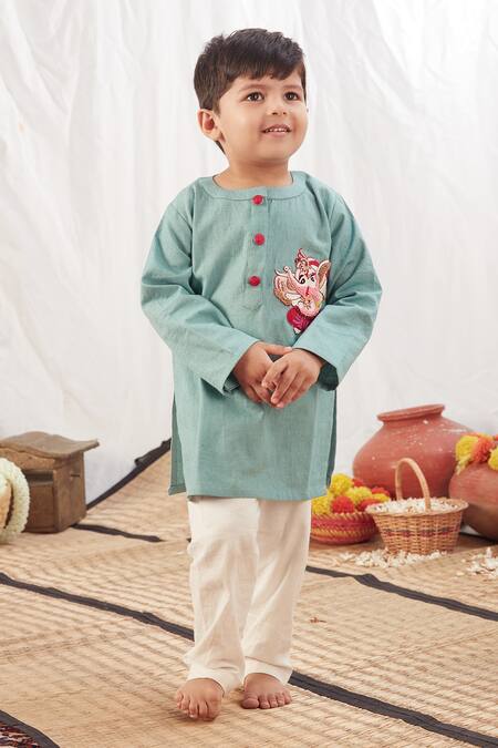 Vivedkids_Blue Handloom Cotton Embroidery Mandarin Collar Kurta Set _Online_at_Aza_Fashions