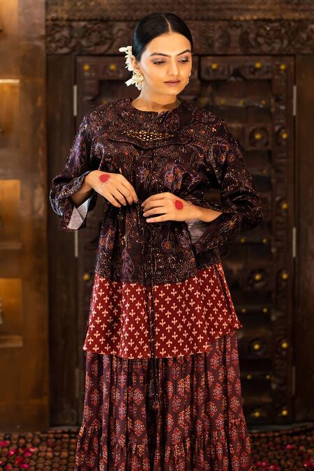 Buy_Vana Ethnics_Wine Satin, Viscose Mirror, Ajrakh Round Print Top And Skirt Set _Online_at_Aza_Fashions