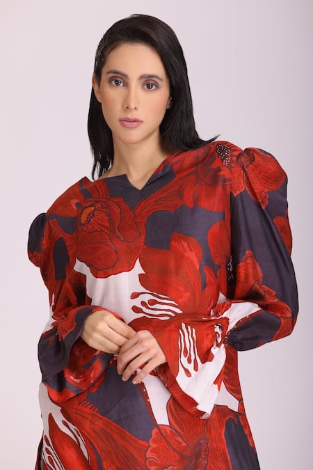 Alpona Designs By Soham Acharya Red Cotton Silk Hibiscus Notched Print Puff Sleeve Dress Online at Aza Fashions Alpona Designs By Soham Acharya_Red Cotton Silk Hibiscus Notched Print Puff Sleeve Dress _Online_at_Aza_Fashions