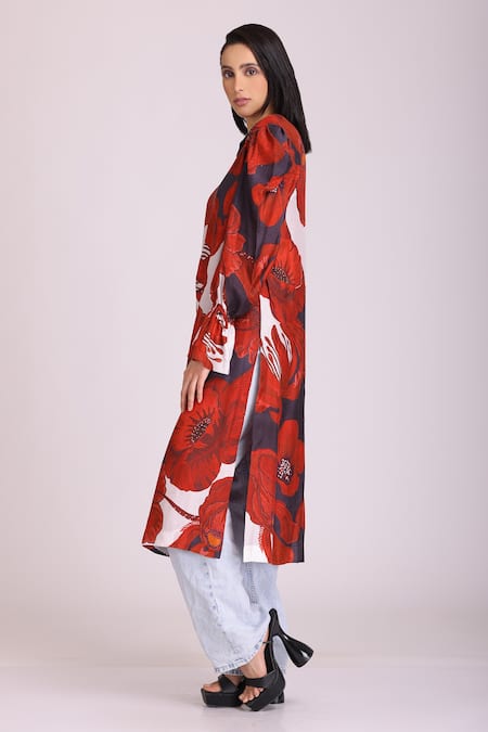 Buy Alpona Designs By Soham Acharya Red Cotton Silk Hibiscus Notched Print Puff Sleeve Dress Online at Aza Fashions Buy_Alpona Designs By Soham Acharya_Red Cotton Silk Hibiscus Notched Print Puff Sleeve Dress _Online_at_Aza_Fashions