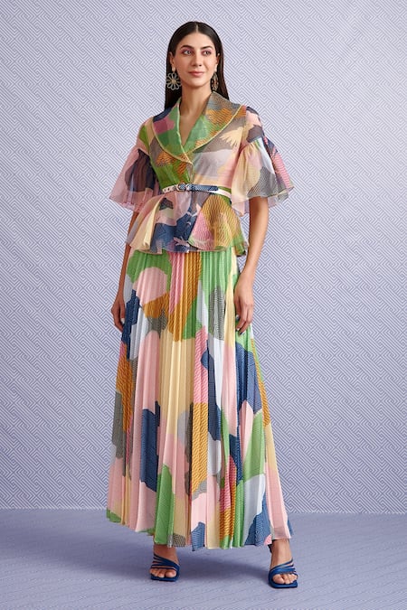 Pankaj & Nidhi_Blue Skirt Satin, Top Organza Geometric Oversize Hibiki Sheer Peplum And Set_Online_at_Aza_Fashions