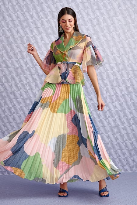 Buy_Pankaj & Nidhi_Blue Skirt Satin, Top Organza Geometric Oversize Hibiki Sheer Peplum And Set_Online_at_Aza_Fashions