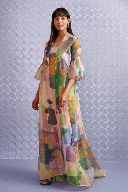 Pankaj & Nidhi_Blue Organza, Poly Abstract Oversize Hibiki Pattern Dress With Cape_Online_at_Aza_Fashions