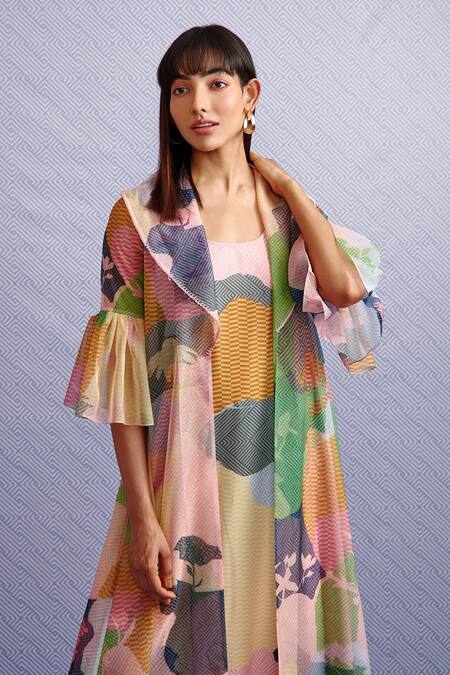 Buy_Pankaj & Nidhi_Blue Organza, Poly Abstract Oversize Hibiki Pattern Dress With Cape_Online_at_Aza_Fashions