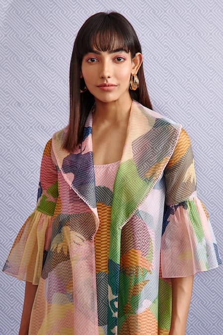 Shop_Pankaj & Nidhi_Blue Organza, Poly Abstract Oversize Hibiki Pattern Dress With Cape_Online_at_Aza_Fashions