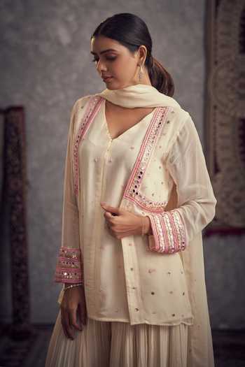 Hirika & Dhruti_Ivory Georgette, Organza, Crepe Sequins, Floral Jacket Kurta And Flared Pant Set _Online_at_Aza_Fashions