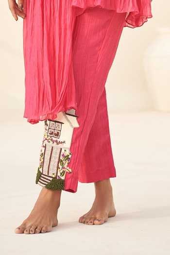 Hirika & Dhruti_Red Chanderi, Crepe Embroidery Round Neck High Low Kurta And Pant Set _Online_at_Aza_Fashions