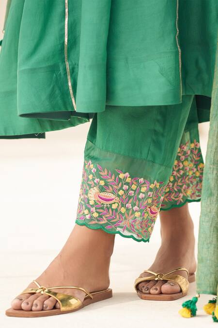 Hirika & Dhruti_Green Cotton, Silk, Organza, Crepe Embroidery, Gota Patti Hand Anarkali Set _Online_at_Aza_Fashions