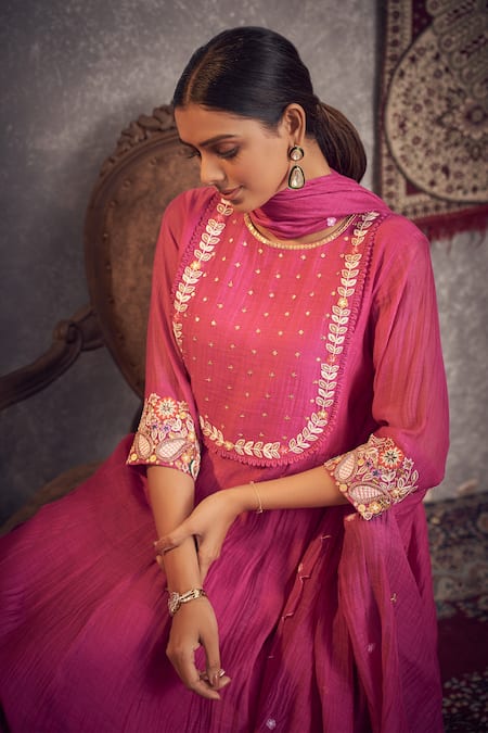 Hirika & Dhruti_Pink Chanderi Embroidery, Sequins Round Neck Hand Anarkali Set _Online_at_Aza_Fashions