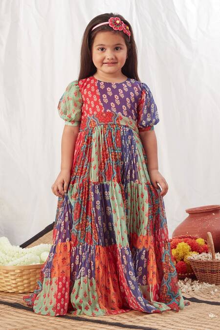 Designer Girls Digital Print Fancy Frock in Multi Color Satin Fabric in  USA, UK, Malaysia, South Africa, Dubai, Singapore