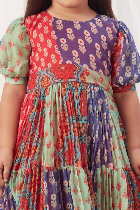 Vivedkids_Multi Color Chiffon Block Print Tiered Dress _Online_at_Aza_Fashions