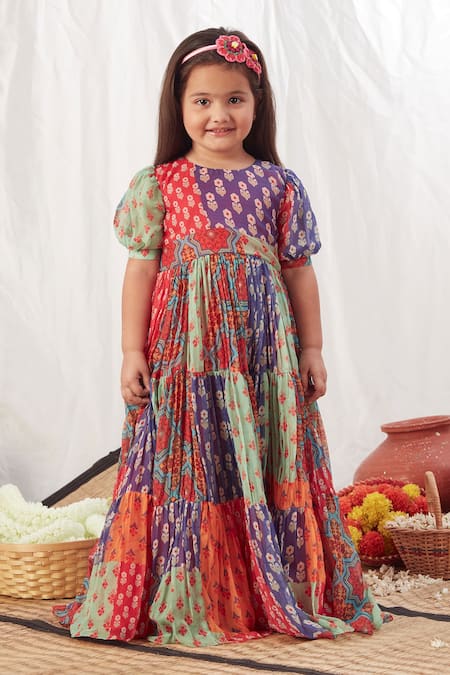 Buy_Vivedkids_Multi Color Chiffon Block Print Tiered Dress _Online_at_Aza_Fashions