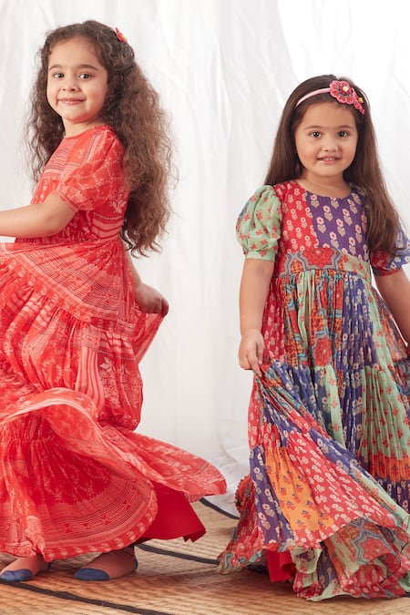 Shop_Vivedkids_Multi Color Chiffon Block Print Tiered Dress _Online_at_Aza_Fashions