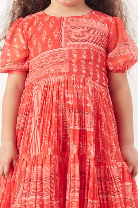Vivedkids_Red Chiffon Embroidery Multi Panel Block Print Tiered Dress _Online_at_Aza_Fashions