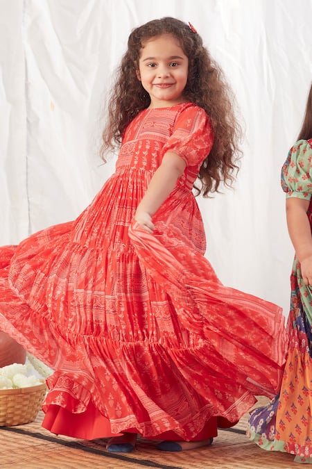 Shop_Vivedkids_Red Chiffon Embroidery Multi Panel Block Print Tiered Dress _Online_at_Aza_Fashions