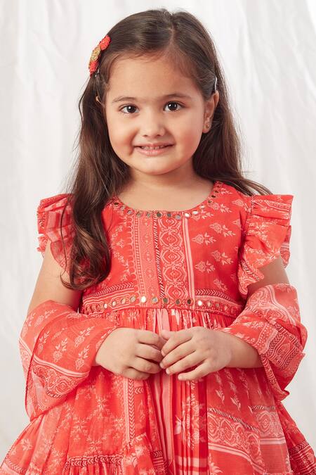 Shop_Vivedkids_Red Chiffon Embroidery, Mirrors Block Print Peplum Top Lehenga Set _Online_at_Aza_Fashions