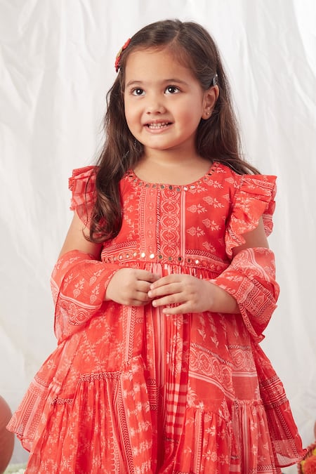 Vivedkids_Red Chiffon Embroidery, Mirrors Block Print Peplum Top Lehenga Set _Online_at_Aza_Fashions