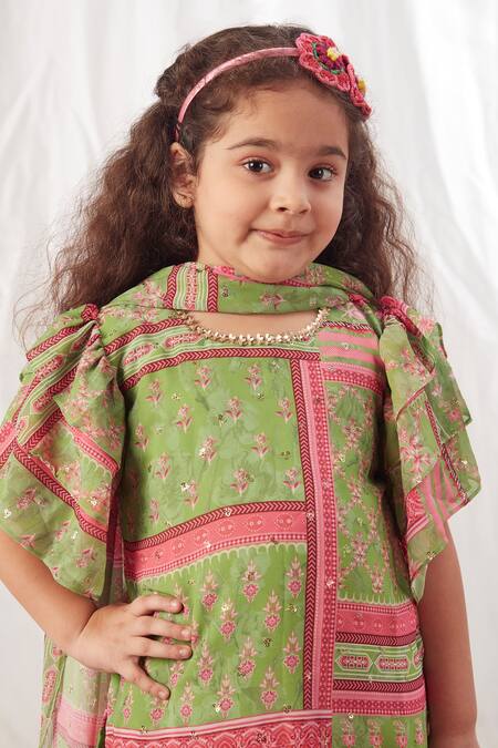 Shop Vivedkids Green Chiffon Embroidery, Sequins Block Print Kurta Sharara Set Online at Aza Fashions Shop_Vivedkids_Green Chiffon Embroidery, Sequins Block Print Kurta Sharara Set _Online_at_Aza_Fashions