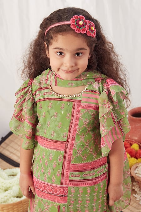 Vivedkids Green Chiffon Embroidery, Sequins Block Print Kurta Sharara Set Online at Aza Fashions Vivedkids_Green Chiffon Embroidery, Sequins Block Print Kurta Sharara Set _Online_at_Aza_Fashions