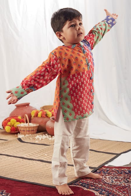 Vivedkids_Multi Color Cotton Embroidery Block Print Kurta Set _Online_at_Aza_Fashions