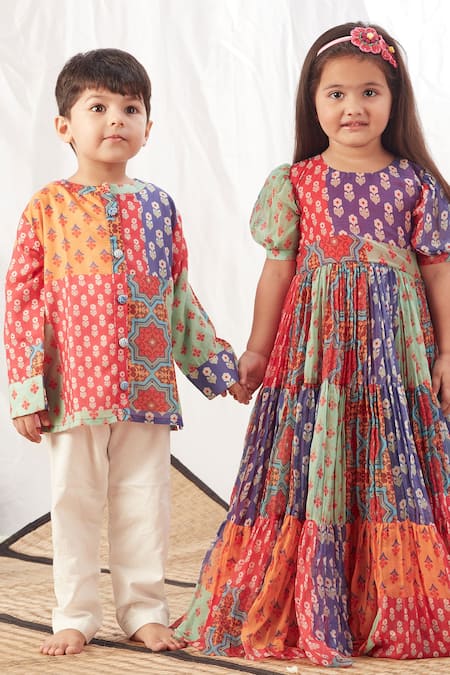 Buy_Vivedkids_Multi Color Cotton Embroidery Block Print Kurta Set _Online_at_Aza_Fashions