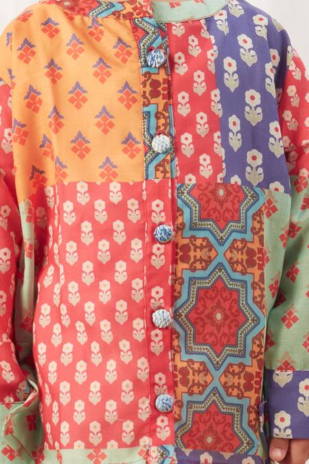 Shop_Vivedkids_Multi Color Cotton Embroidery Block Print Kurta Set _Online_at_Aza_Fashions