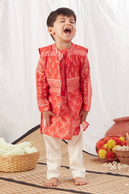 Vivedkids Red Cotton Embroidery Floral Block Print Bundi Kurta Set Online at Aza Fashions Vivedkids_Red Cotton Embroidery Floral Block Print Bundi Kurta Set _Online_at_Aza_Fashions
