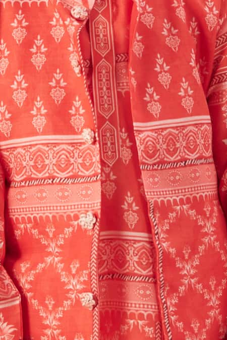 Shop Vivedkids Red Cotton Embroidery Floral Block Print Bundi Kurta Set Online at Aza Fashions Shop_Vivedkids_Red Cotton Embroidery Floral Block Print Bundi Kurta Set _Online_at_Aza_Fashions