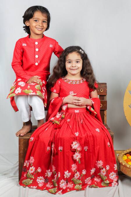 Vivedkids_Red Crepe, Cotton Applique, Embroidery, Tassels, Lotus Pichwai Print Lehenga Set _Online_at_Aza_Fashions