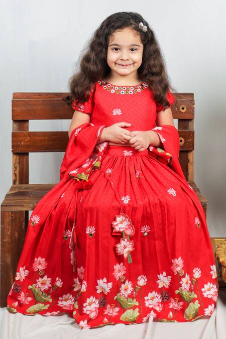 Shop_Vivedkids_Red Crepe, Cotton Applique, Embroidery, Tassels, Lotus Pichwai Print Lehenga Set _Online_at_Aza_Fashions
