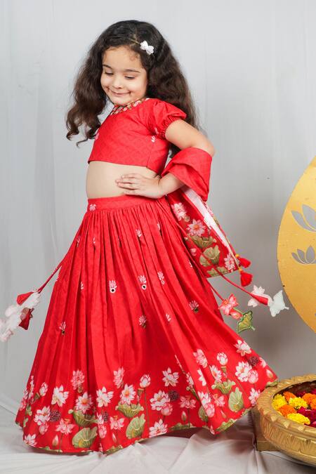 Vivedkids_Red Crepe, Cotton Applique, Embroidery, Tassels, Lotus Pichwai Print Lehenga Set _at_Aza_Fashions