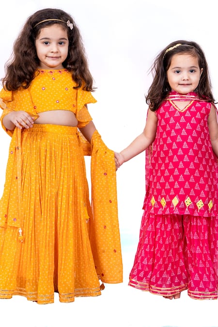 Vivedkids_Pink Chiffon, Cotton Embroidery, Gota Patti, Bandhani Print Kurta Sharara Set _Online_at_Aza_Fashions