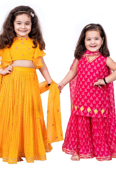 Shop_Vivedkids_Pink Chiffon, Cotton Embroidery, Gota Patti, Bandhani Print Kurta Sharara Set _Online_at_Aza_Fashions