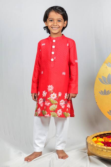 Shop_Vivedkids_Red Crepe, Cotton Embroidery Bandhani Pichwai Print Short Kurta Set _Online_at_Aza_Fashions