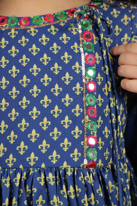 Buy_Vivedkids_Blue Crepe, Cotton Tassels, Fleur De Lis Pichwai Print Angarkha With Dupatta _Online_at_Aza_Fashions