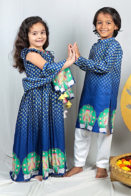 Shop_Vivedkids_Blue Crepe, Cotton Tassels, Fleur De Lis Pichwai Print Angarkha With Dupatta _Online_at_Aza_Fashions