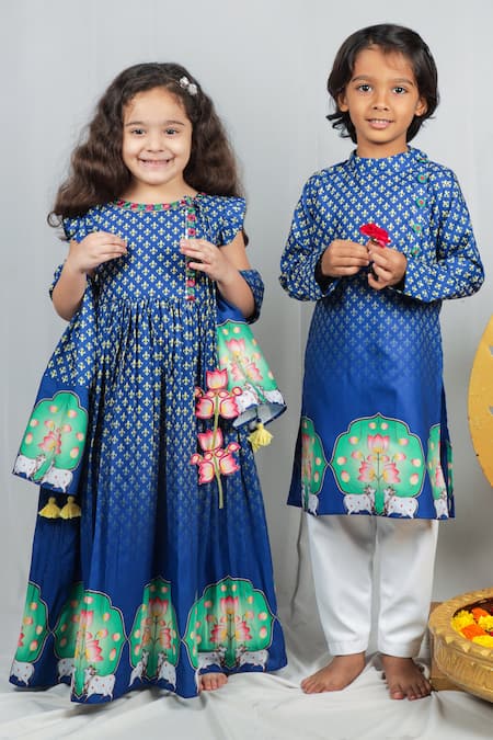 Vivedkids_Blue Crepe, Cotton Tassels, Fleur De Lis Pichwai Print Angarkha With Dupatta _at_Aza_Fashions